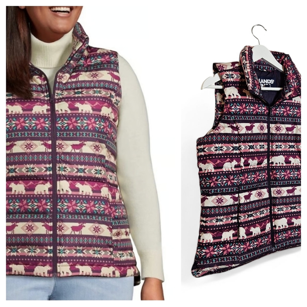 Lands' End Down Puffer Vest Size S Reindeer Bear Holiday Christmas Winter Print